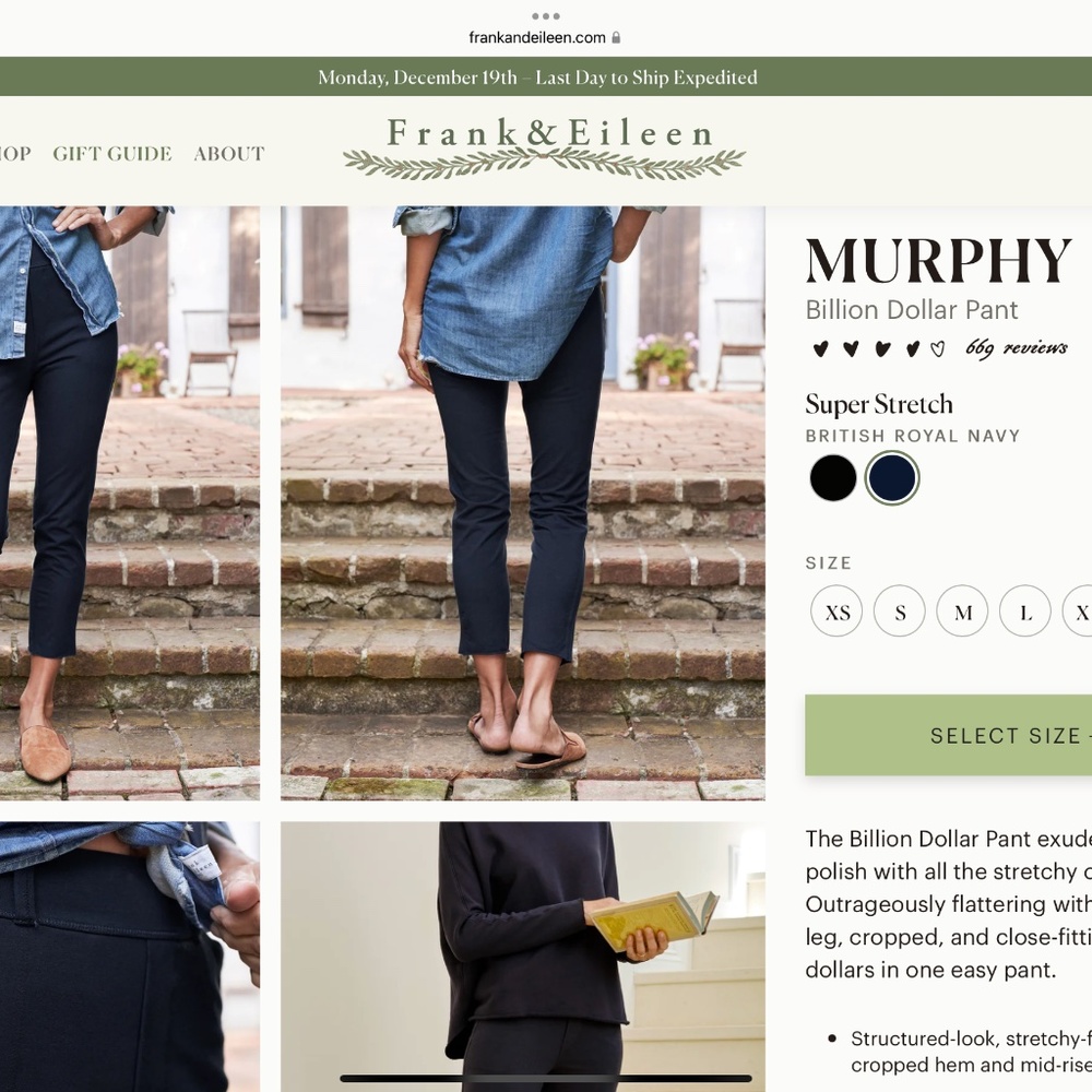 Frank and Eileen Billion Dollar Pants - Large Navy. NWT